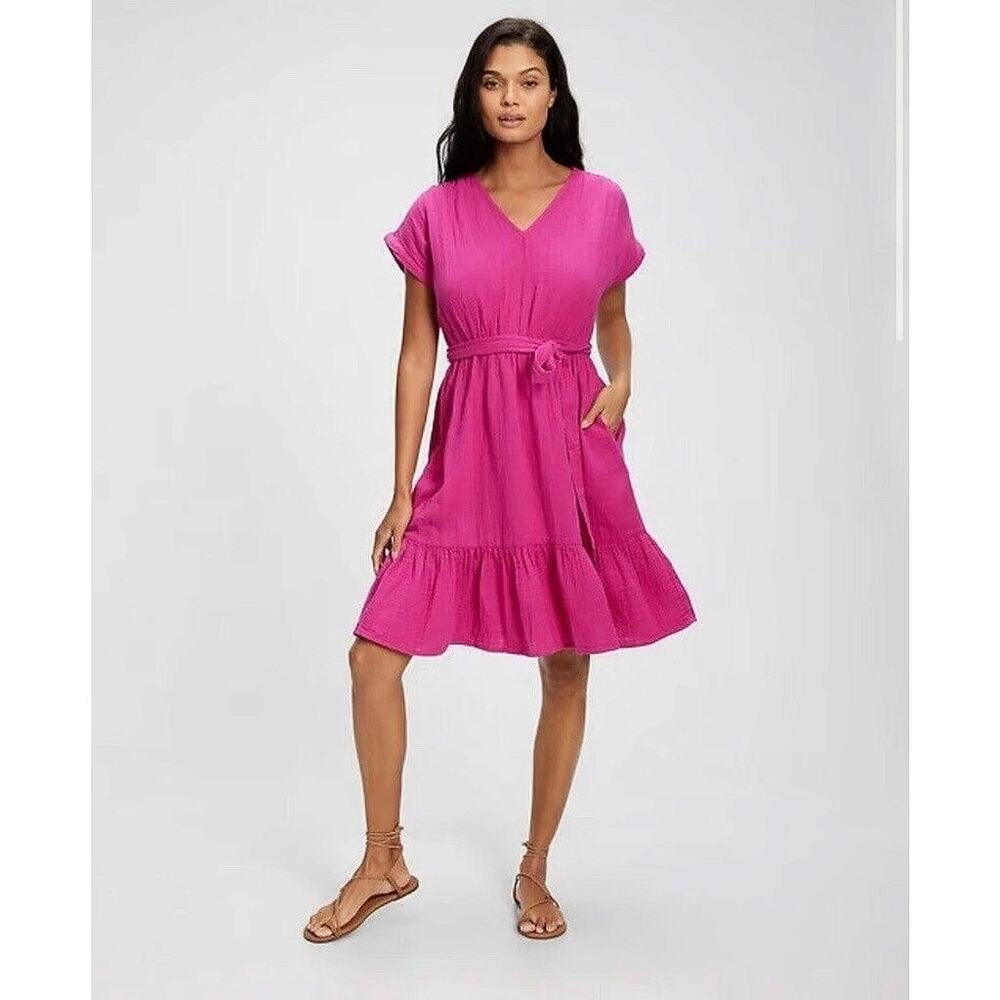 GAP Women's Pink Short Sleeve Bow V-Neck Tiered Fit & Flare Midi Dress Size XXL